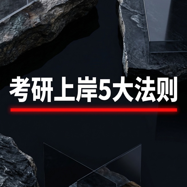 高端编辑排版海报，深邃的黑曜石背景。巨大、粗体的白色中文文本"考研上岸5大法则"占据画面中心，文本正下方有一条粗而亮的红色下划线。整体干净、专业，极高可见度，戏剧性的光影，焦点锐利。预览效果