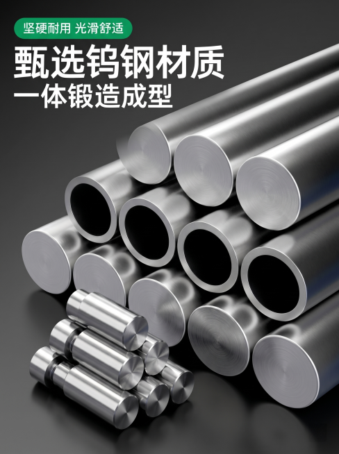 [核心卖点-高硬度钨钢笔头]整体介绍高硬度一体锻造钨钢笔头卖点，主画面是钨钢管材堆叠特写，体现材质硬核感。保持产品材质质感和原图一致，去除所有品牌logo。顶部绿色圆角标签写"坚硬耐用 光滑舒适"，大预览效果