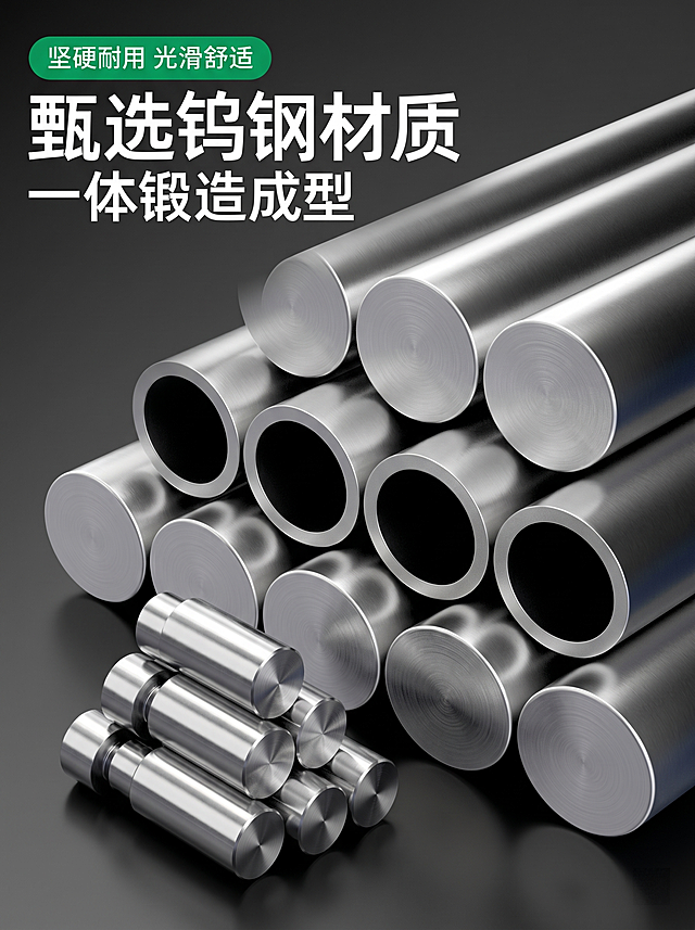 [核心卖点-高硬度钨钢笔头]整体介绍高硬度一体锻造钨钢笔头卖点，主画面是钨钢管材堆叠特写，体现材质硬核感。保持产品材质质感和原图一致，去除所有品牌logo。顶部绿色圆角标签写"坚硬耐用 光滑舒适"，大标题写"甄选钨钢材质 一体锻造成型"。材质体现高硬度光滑质感，金属光影对比强烈，背景深灰色。主色调深灰，文字白色，点缀绿色。3:4比例，2k分辨率，超高清。负向提示词：变形，水印，文字错乱，保留品牌logo。