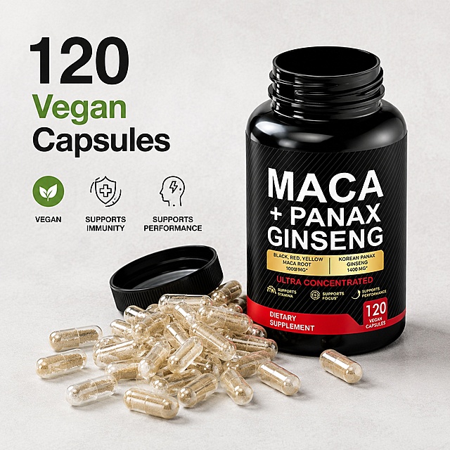 「图片1」，生成一套主图（16张），商品名称Male Enlargement Natural Peruvian Maca Capsules Men Special Formula Herbal Extract Boost Male Energy Physical Strength，适配亚马逊/跨境平台，主图比例为1:1