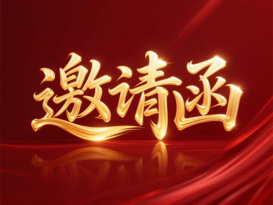 主标题为“邀请函”二字，流动的金色笔触，文字横向排列，深红色背景预览效果