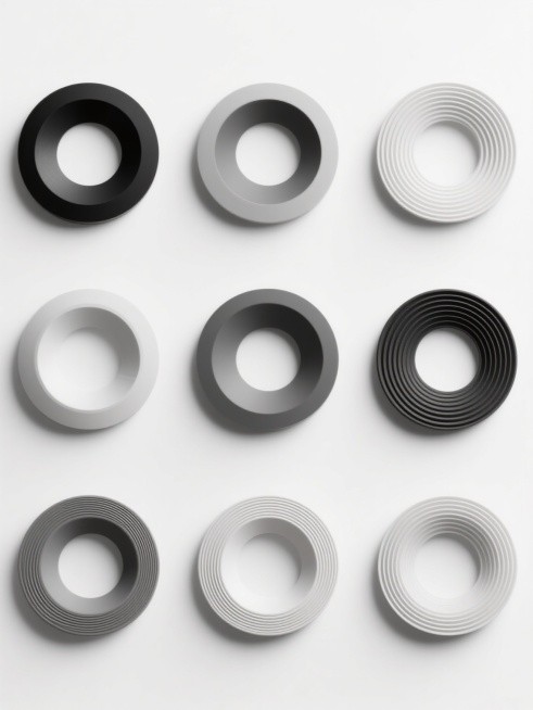 极简风格设计图，白色背景，画面中排列整齐的9个不同配色、不同样式、不同材质、不同风格的圆圈，每个圆圈具有独特的视觉特征，整体构图简洁有序，现代感十足，无任何文字信息。预览效果