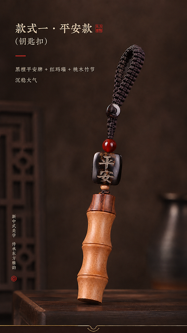 淘宝天猫电商详情页第七屏，9:16竖版，新中式风格，展示款式展示：黑檀平安款。深棕色编织钥匙扣款，配黑檀木平安牌、红玛瑙珠，桃木竹节主体，背景深棕色高级质感，左上角文字"款式一 · 平安款（钥匙扣）"，下方小字"黑檀平安牌 + 红玛瑙 + 桃木竹节 沉稳大气"，产品居中展示，光影立体