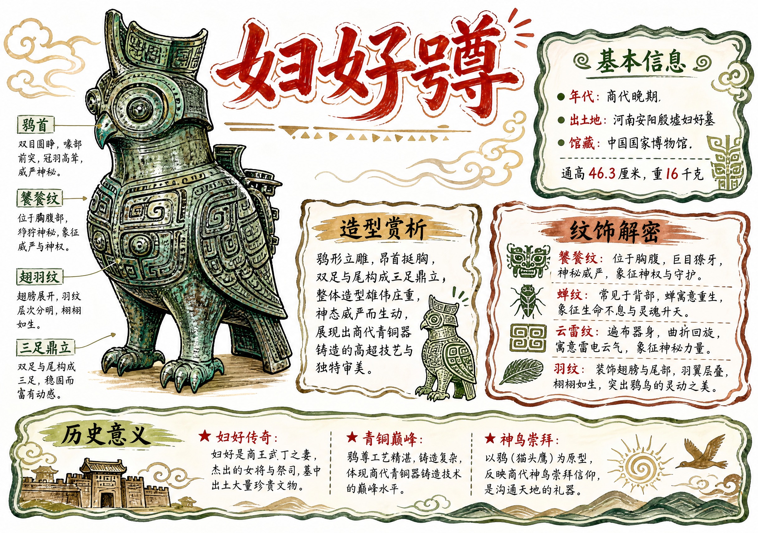 一张A4横版历史文物手抄报，主题为「妇好鸮尊」，白底马克笔手绘… - 图片创意预览