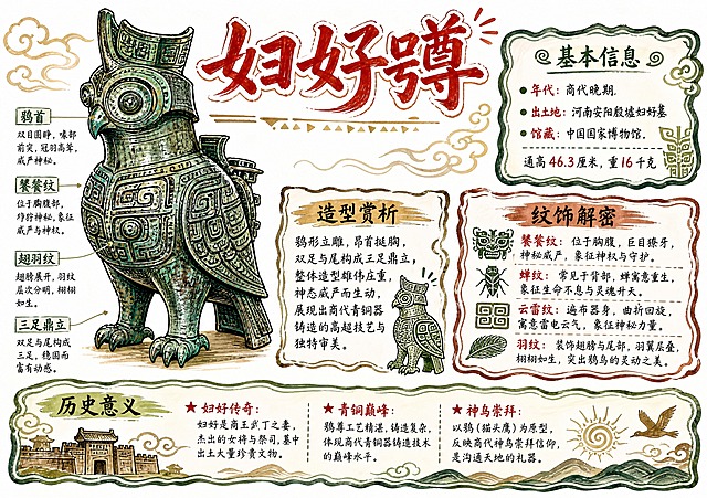 一张A4横版历史文物手抄报，主题为「妇好鸮尊」，白底马克笔手绘风格。画面中央偏左是一只商代青铜鸮尊的手绘线描图，用黑色勾线笔勾勒，马克笔填色，青铜绿为主色，带做旧质感，纹饰细节清晰（饕餮纹、蝉纹、云雷纹）。右侧和下方分布四个手抄报信息板块，用手绘边框和波浪线分隔：1. 顶部大标题「妇好鸮尊」，艺术字体，马克笔书写；2. 「基本信息」板块：年代-商代晚期，出土地-河南安阳殷墟妇好墓，馆藏-中国国家博物馆，通高46.3厘米，重16千克；3. 「造型赏析」板块：鸮形立雕，昂首挺胸，双足与尾构成三足鼎立，造型生动威严；4. 「纹饰解密」板块：饕餮纹、蝉纹、云雷纹、羽纹，繁密精美；5. 「历史意义」板块：妇好是商王武丁之妻，青铜工艺巅峰之作，神鸟崇拜的见证。整体白底，马克笔手绘质感，线条流畅，色彩以青铜绿、土黄、赭石为主，点缀红色标题，复古做旧纸张纹理，排版精美，信息丰富，适合学生手抄报作业。画面中所有信息区域必须填充完整合理的内容，不得出现空白框或待填写区域。