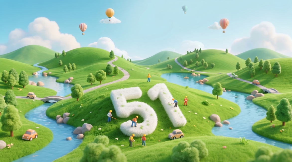 参考原图样式生成3D毛绒风格的公众号封面图，比例16:9，保留数字51的毛绒造型，增加更多河流元素，画面中不要添加任何文字，整体风格为清新的3D微缩场景，绿色草地丘陵，工人修剪数字造型，保留原风格预览效果