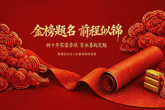 专门优化左右两侧花朵云纹的细节层次和文字笔画的清晰度，保留原图整体布局、红金配色和金榜题名全部文案内容，增强花朵纹理和字体细节，提升整体精细度和质感，适配3:2比例