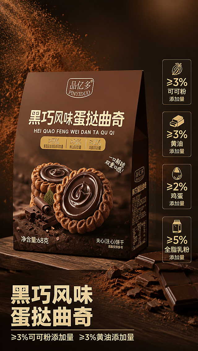 [商品] 使用【图1】品亿多蛋挞曲奇包装为基础，生成黑巧风味棕色包装盒；保留品亿多品牌Logo、包装结构与字体风格，主色调改为深棕色，产品名改为"黑巧风味蛋挞曲奇"；包装正面完整展示，文字清晰可读，不改变版型和结构。
[画面] 目标：分口味详细介绍黑巧风味，巧克力爱好者决策页。对角线构图，产品从左下角向右上角延伸，营造动感与浓郁氛围。棕色包装盒为主体，放置在深棕色木质台面上，包装盒旁有深褐色可可粉飞溅效果和几块黑色巧克力碎。戏剧性侧光照明，浓郁醇厚的巧克力色调。高级食品广告风格。产品占画面约55%，左下角和右侧留白放文字。
[视觉] 套系策略：风格=高级商业食品摄影；标题字=现代无衬线粗体；正文字=简洁无衬线体；主色=深棕/巧克力色调；背景延展=深棕色木质台面、深棕渐变背景、浓郁醇厚色调；强调色=金棕色/浅金色，仅用于小面积标签和装饰；标题色=浅金色/米白色；正文色=浅棕色/米灰色；组件=深棕底金字标签卡片、压色块；光影=戏剧性侧光照明，浓郁醇厚氛围。
[文字] 左下角大标题压色块：主标题"黑巧风味蛋挞曲奇"（大字粗体，浅色字），副标题"≥3%可可粉添加量 ≥3%黄油添加量"（中字）；右侧竖排参数标签（文字横向排列，标签竖向堆叠），沉稳有力。所有文字横向排版，不遮挡产品主体。
[规格] 图片比例9:16竖版，4K超高清。避免变形、错字、文字过小、包装文字错乱、颜色失真、产品比例失真、可可粉/巧克力效果不自然。