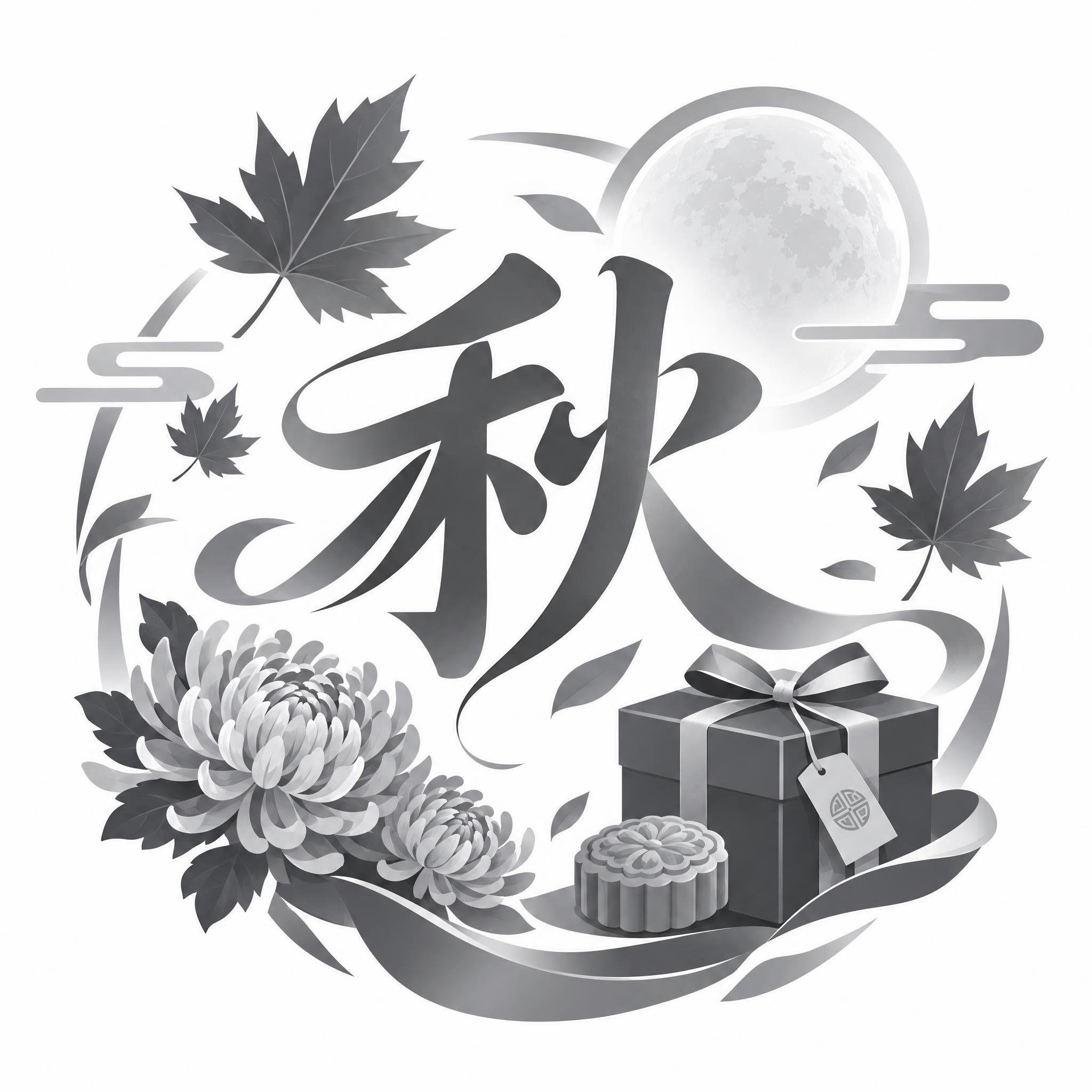 中秋节商城小图标，中心是一个大大的灰色'秋'字，字体飘逸有设计… - 图片创意预览