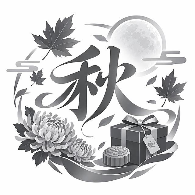 中秋节商城小图标，中心是一个大大的灰色'秋'字，字体飘逸有设计感，周围环绕着枫叶、菊花、月亮、礼盒等中秋秋天元素装饰，整体灰色高级风格，深灰色为主色调，搭配中灰和浅灰渐变层次，扁平化设计，简洁现代，适合电商商城秋季促销使用，白色背景，图标清晰精致，矢量风格，秋日雅致氛围