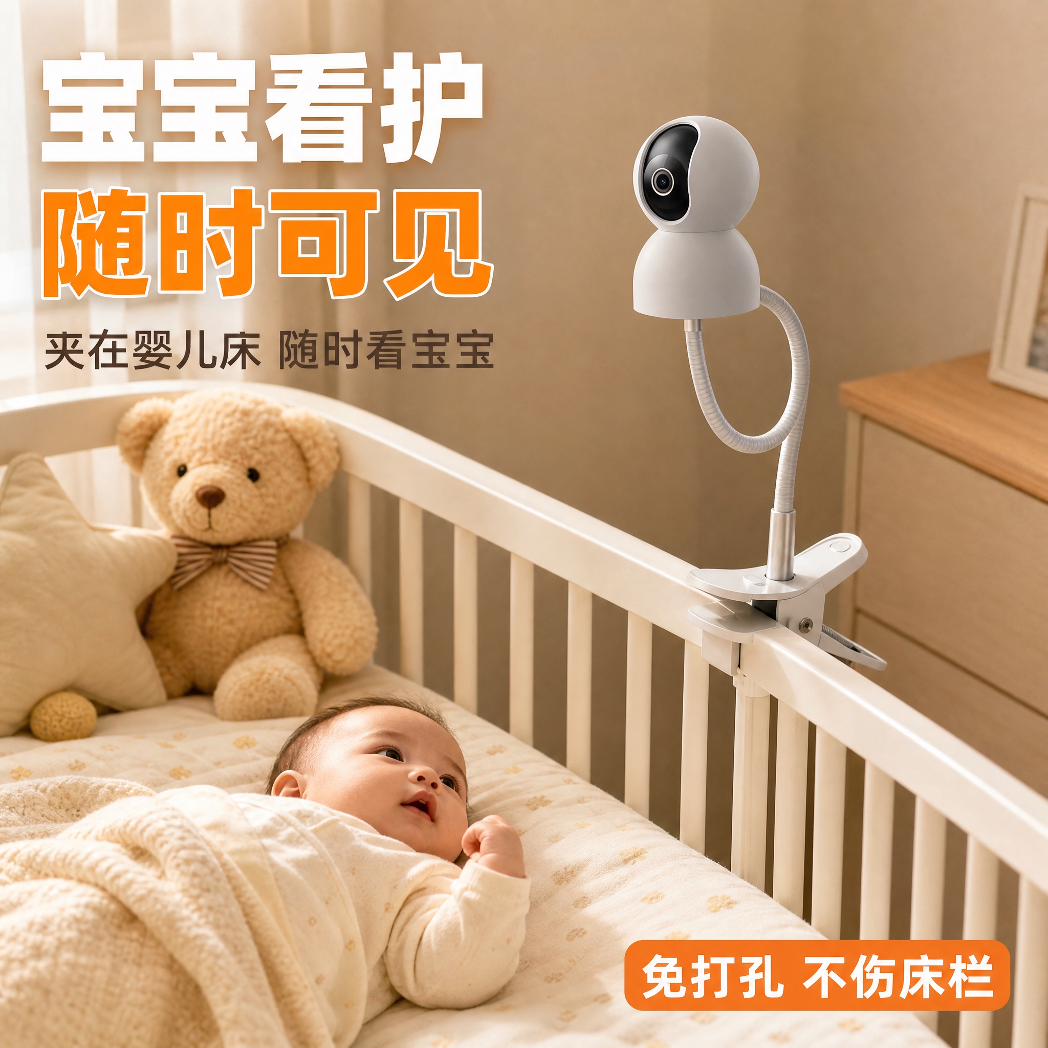 [主图-4] 婴儿床使用场景，展示产品夹在婴儿床栏杆上看护宝宝… - 图片创意预览