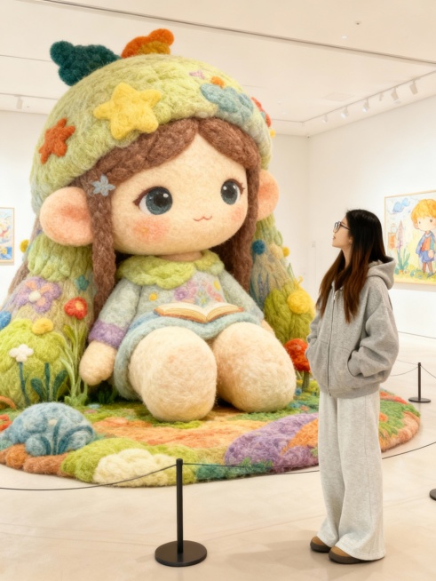 把图片主体做成充满创意和梦幻色彩的绘本风格的巨型毛毡艺术卡通风格雕塑放置在画面中心（主体的穿搭保持不变），主体站在一旁欣赏（与巨型主体形成比例反差），围栏隔离展示，背景是明亮的艺术展厅预览效果