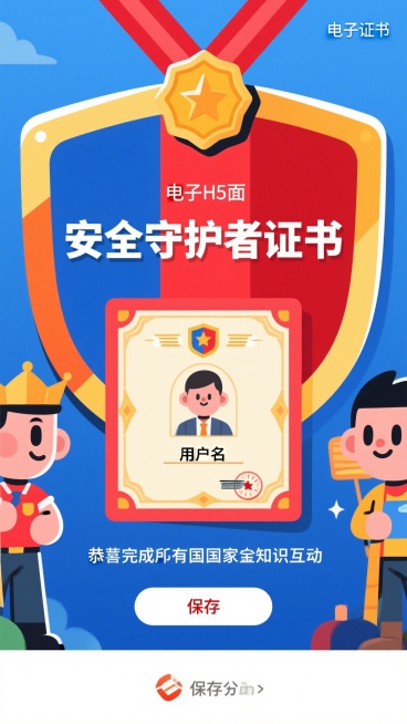 安全守护者电子证书H5页面，红蓝主色调，顶部盾牌奖章装饰，中心大标题"安全守护者证书"，预留用户姓名位置，下方标注恭喜完成所有国家安全知识互动，底部带保存分享按钮，简约庄重扁平化设计预览效果