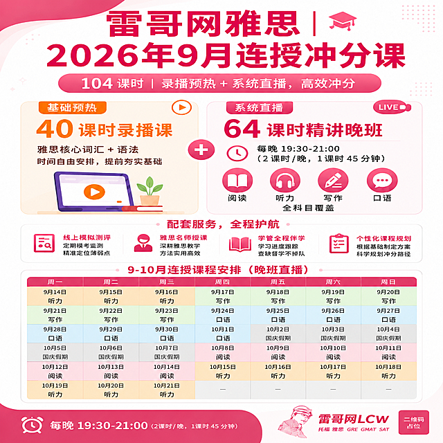在保留原图整体版式、配色、风格、所有其他内容完全不变的基础上，仅修改中间的"9-10月连授课程安排（晚班直播）"日历表格区域。

将表格改为按真实日期逐天排列的周日历格式，表头仍为周一、周二、周三、周四、周五、周六、周日，每一格对应一个具体日期和当天的科目。具体排期如下（严格按日期对应星期排列）：

第一行（9月14日-9月20日周）：
- 周一：9月14日 听力
- 周二：9月15日 听力
- 周三：9月16日 听力
- 周四：9月17日 写作
- 周五：9月18日 写作
- 周六：9月19日 写作
- 周日：9月20日 写作

第二行（9月21日-9月27日周）：
- 周一：9月21日 写作
- 周二：9月22日 写作
- 周三：9月23日 写作
- 周四：9月24日 口语
- 周五：9月25日 口语
- 周六：9月26日 口语
- 周日：9月27日 口语

第三行（9月28日-10月4日周）：
- 周一：9月28日 口语
- 周二：9月29日 口语
- 周三：9月30日 口语
- 周四：10月1日 口语
- 周五：10月2日 （空白/国庆假期，浅灰底）
- 周六：10月3日 （空白/国庆假期，浅灰底）
- 周日：10月4日 （空白/国庆假期，浅灰底）

第四行（10月5日-10月11日周）：
- 周一：10月5日 （空白/国庆假期，浅灰底）
- 周二：10月6日 （空白/国庆假期，浅灰底）
- 周三：10月7日 （空白/国庆假期，浅灰底）
- 周四：10月8日 阅读
- 周五：10月9日 阅读
- 周六：10月10日 阅读
- 周日：10月11日 阅读

第五行（10月12日-10月18日周）：
- 周一：10月12日 阅读
- 周二：10月13日 阅读
- 周三：10月14日 阅读
- 周四：10月15日 听力
- 周五：10月16日 听力
- 周六：10月17日 听力
- 周日：10月18日 听力

第六行（10月19日-10月21日）：
- 周一：10月19日 听力
- 周二：10月20日 听力
- 周三：10月21日 听力
- 周四至周日：空白

颜色规则：写作=浅绿底，口语=浅蓝底，阅读=浅粉底，听力=浅橙底，空白假期=浅灰底。每格上方写日期数字，下方写科目名称。表格整体大小和位置与原图保持一致，表格外的所有内容（顶部标题、左右卡片、配套服务、底部底栏等）完全保留不变。

画面中所有数字必须精确渲染，不得错位、遗漏或编造。所有日期与星期的对应关系必须准确。