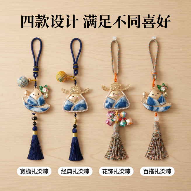 [主图 9] 四款设计陈列展示；
[氛围风格] 简约高级，清晰展示差异；
[画质] 商业摄影质感、光线柔和通透、产品清晰真实、画面干净高级。
[元素] 四款不同款式的扎染粽子挂饰并排放置在浅原木桌面上预览效果