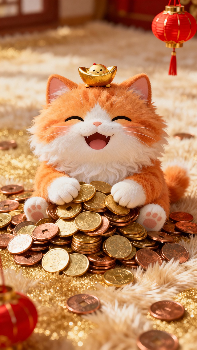 Q 版毛茸茸招财猫，蓬松橘白毛发，表情生动可爱，是笑着的，萌萌的，爪子抱满圆滚滚金币，头顶趴一只小元宝，背景是浅金色毛绒地毯 + 散落的铜钱，角落有红色小灯笼，整体软乎乎高光感，生成竖版手机壁纸。