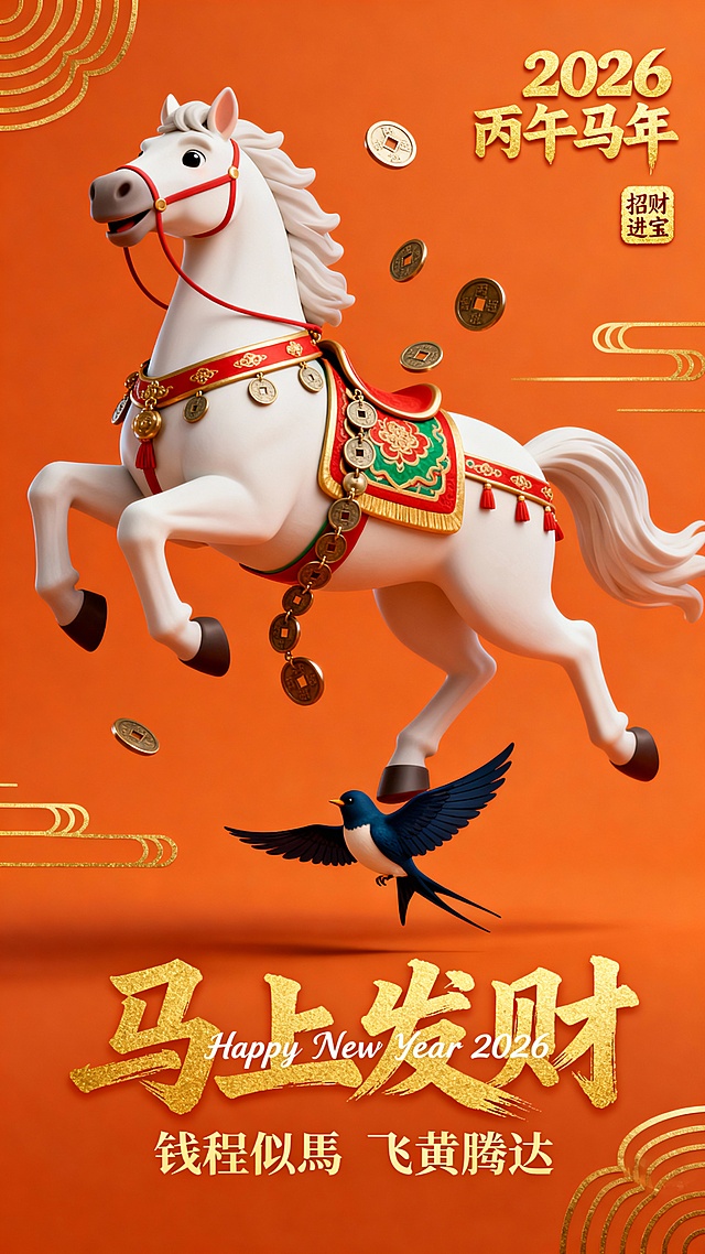 3D重拟物风格，鎏金浮雕质感，中式喜庆元素融合，金属质感钱币与祥云点缀，展现2026丙午马年“马上发财”的吉祥寓意。