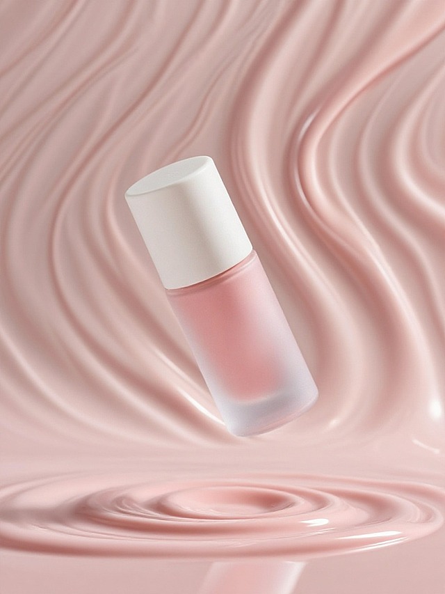 产品悬在空中，流畅的线条纹理背景（带有光泽感的浅粉色的液体）