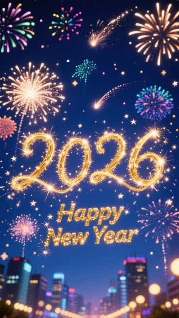 画面中央是金色烟花字“2026”，下方搭配金色烟花英文 “Happy New Year”，背景是深蓝色夜空，布满色彩绚烂的烟花，底部还有城市夜景的灯光光斑预览效果