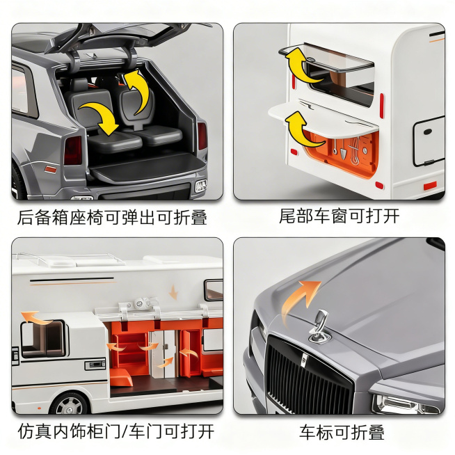 保持汽车模型和房车细节功能展示、四个分图布局、箭头标注和文字内容不变，更换为更干净简洁的高级浅灰色背景，保留写实产品质感，商业产品摄影预览效果