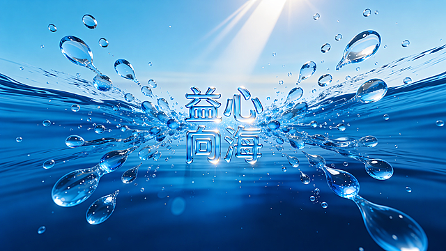 移除图片左侧的“80个社区”文字、右侧的“50个品牌”文字以及右下角的“即梦AI”logo，保持原图蓝色水面水滴风格和“益心向海”主文字不变，填补移除区域后自然融合，保持整体高清质感