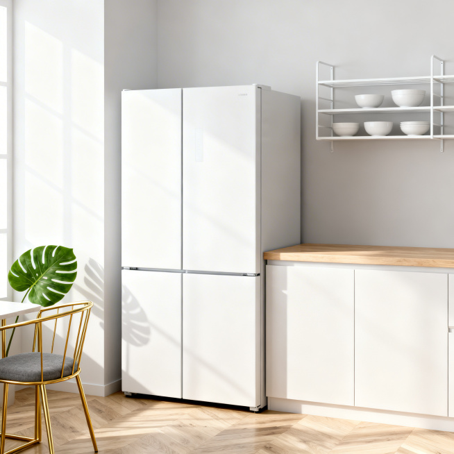 一张现代简约风格的室内场景照片，主体为一台白色的双门冰箱，冰箱表面光滑，线条简洁，位于画面中央偏左位置。冰箱右侧是一个浅色木质台面的橱柜，台面上方墙面安装着白色的金属搁板，搁板上摆放着几个白色陶瓷碗。预览效果