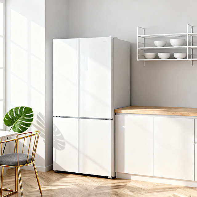 一张现代简约风格的室内场景照片，主体为一台白色的双门冰箱，冰箱表面光滑，线条简洁，位于画面中央偏左位置。冰箱右侧是一个浅色木质台面的橱柜，台面上方墙面安装着白色的金属搁板，搁板上摆放着几个白色陶瓷碗。画面左下角有一把金色金属框架、灰色坐垫的简约餐椅，旁边有一株绿色的龟背竹叶增添生机。整体色调以白色、浅木色和灰色为主，辅以金色金属点缀，营造出干净、明亮、温馨的居家氛围。光线柔和，来自画面左侧，在冰箱和地板上形成淡淡的阴影，凸显物体的立体感。地板为浅色木质，纹理清晰自然。整个场景构图平衡，空间感开阔，细节丰富且真实，具有生活气息和现代家居的舒适美感。