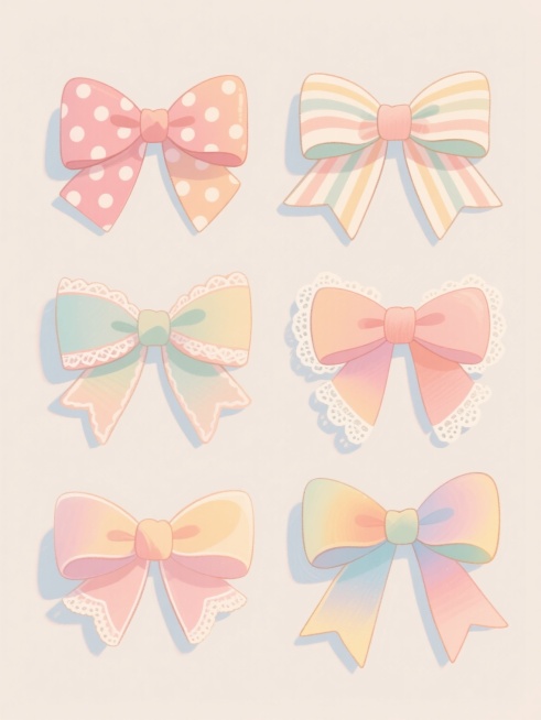 6个不同配色、不同样式的蝴蝶结丝带，上下两行对齐排列，浅色背景，手绘风格，线条细腻流畅，色彩柔和明快，蝴蝶结造型各异，有的带有波点图案，有的带有条纹装饰，有的边缘有蕾丝花边，有的有渐变色彩，整体呈现出甜美可爱的少女风格，光影处理自然，立体感适中，细节丰富精致。预览效果