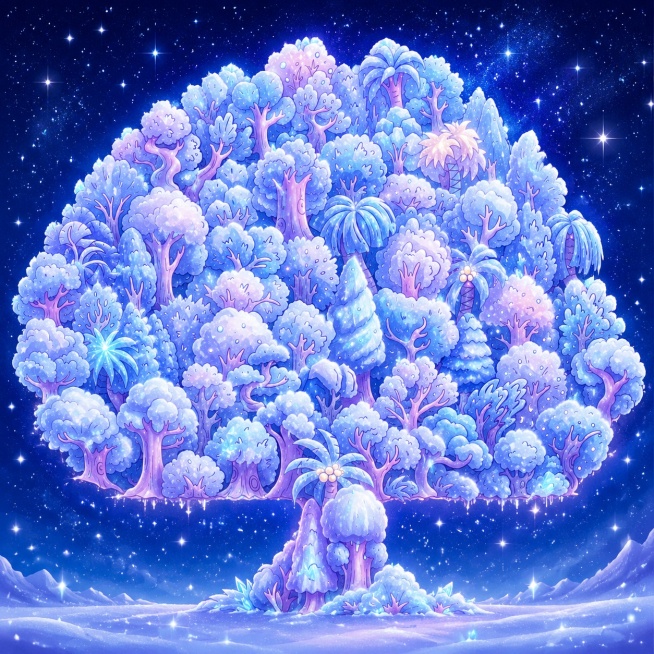 完全保留图1的所有树木和整体结构，按照参考图的配色改为冰雪梦幻风格，所有树冠使用蓝紫淡粉色调模拟霜雪覆盖，背景替换为深蓝色星空雪地，树干改为淡粉紫调，保留发光冰雪效果，保持原图轮廓结构不变预览效果