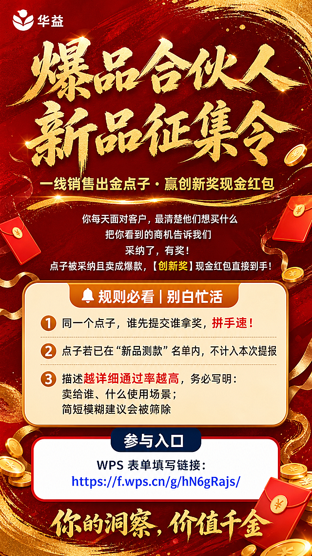 一张竖版9:16企业内部活动海报，中国红+鎏金配色，喜庆热血激励风格，参考红金书法海报风格设计，无真人出镜，整体留白充足适合手机阅读。

【顶部区域】深红色渐变背景，带鎏金纹理/金色笔触装饰，左上角预留LOGO位置，写有"华益"二字及简约图形标识。主标题为金色毛笔书法大字，分两行大气磅礴：第一行"爆品合伙人"，第二行"新品征集令"，字体醒目有力量感，金色带微光泽。

【副标题区】金色加粗文字居中："一线销售出金点子・赢创新奖现金红包"，下方配金色飘带或光效装饰。

【正文引导语】白色文字居中："你每天面对客户，最清楚他们想买什么
把你看到的商机告诉我们
采纳了，有奖！
点子被采纳且卖成爆款，【创新奖】现金红包直接到手！"，"创新奖"三字用金色高亮。

【中间卡片模块】浅米色/浅金色圆角大卡片，与红色背景区分明显：
卡片顶部橙色/金色条带写着"🔔规则必看｜别白忙活"，白色粗体字。
卡片内三条规则用序号清晰排列，深灰色/黑色文字，行距宽松：
"① 同一个点子，谁先提交谁拿奖，拼手速！"
"② 点子若已在\"新品测款\"名单内，不计入本次提报"
"③ 描述越详细通过率越高，务必写明：卖给谁、什么使用场景；简短模糊建议会被筛除"
重点词"拼手速""越详细通过率越高"用红色/橙色加粗强调。

【参与入口区】卡片下方或卡片底部，深蓝色/深红色圆角按钮区域，白色文字"参与入口"，下方白色背景框内清晰展示链接："WPS 表单填写链接：https://f.wps.cn/g/hN6gRajs/"，链接文字用蓝色，字号适中保证清晰可辨认，不做模糊装饰。无二维码。

【底部Slogan】最底部红色背景上，金色大字："你的洞察，价值千金"，字体有力。

整体装饰元素：金币、红包、金色飘带、鎏金纹理、光效粒子，点缀在画面边角，不遮挡文字。排版精美，层级分明，文字不拥挤，适合手机端微信群转发。面向高铁站一线销售导购，企业内部使用，热血激励氛围。

画面中所有信息区域必须填充完整合理的内容，不得出现空白框、空白占位、横线待填写区域、空列表项、空单元格；确保是完整可用的成品海报而非待填写模板。