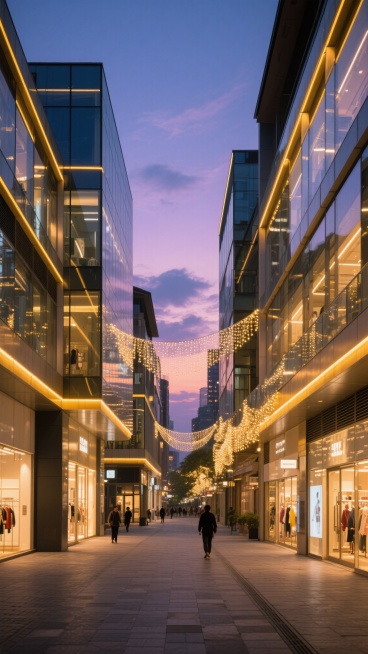 黄昏时分的现代商业街景，两侧是玻璃幕墙与金属框架结构的多层商场建筑，外立面点缀着暖黄色的条状灯光，部分建筑悬挂着闪亮的装饰灯串。地面为整齐铺设的石板路，行人稀疏，呈现出悠闲漫步的姿态。天空呈现渐变的蓝紫色黄昏色调，云层柔和。商场店铺橱窗明亮，内部可见商品陈列，整体氛围温馨而具有都市感。建筑设计现代简约，线条流畅，玻璃反射着天空和周围环境的色彩，灯光营造出舒适的夜间购物氛围。预览效果