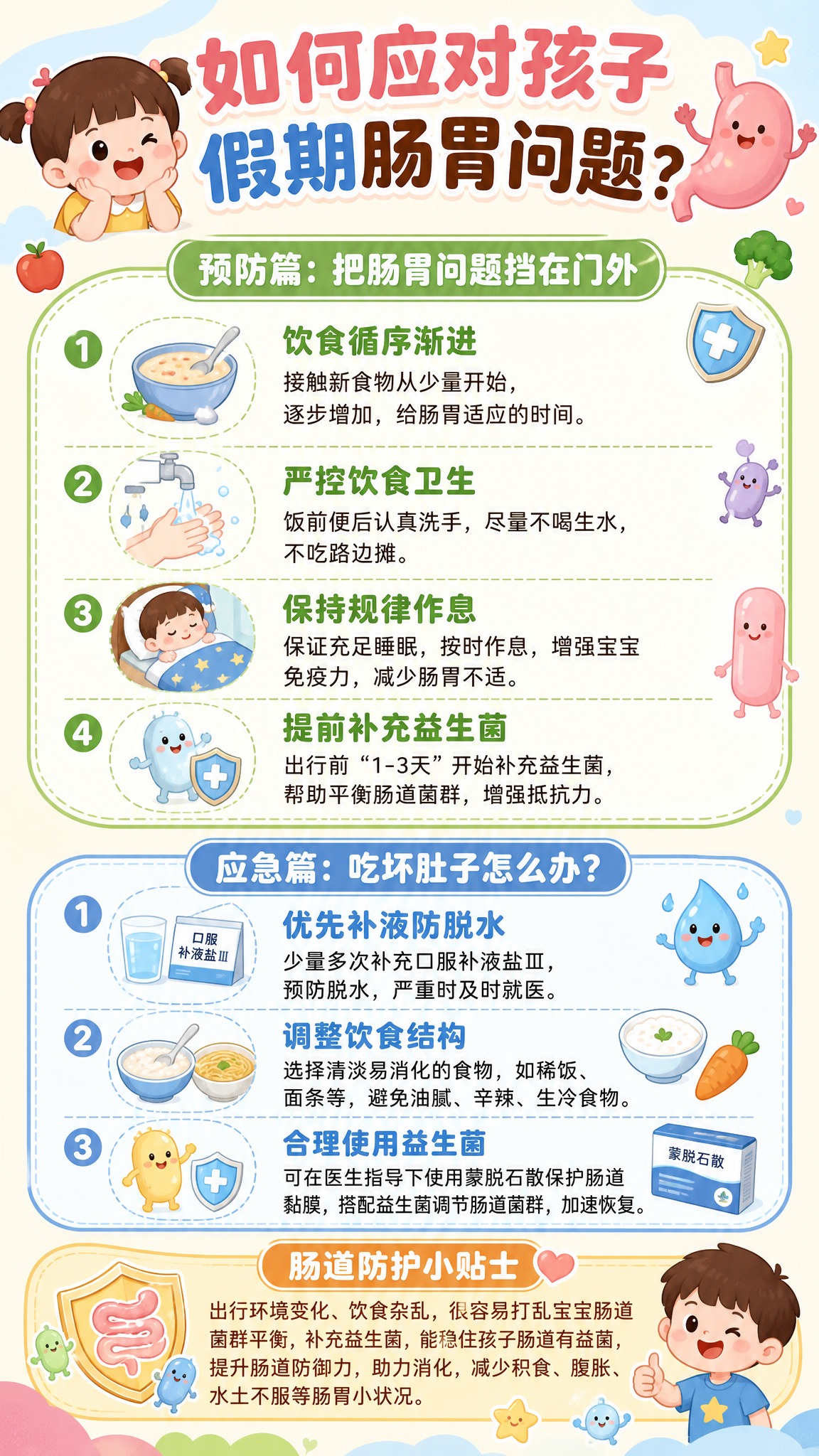 一张9:16竖版童趣风格科普海报，主题是孩子假期肠胃问题应对指… - 图片创意预览