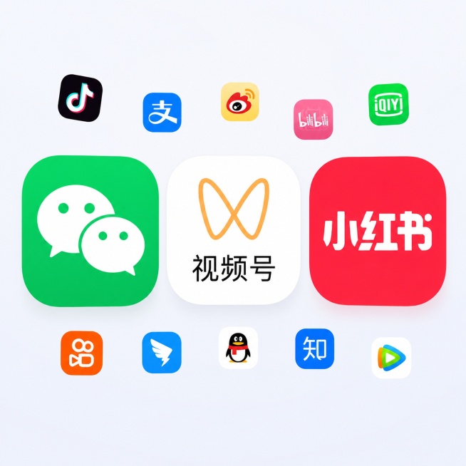 重新生成一张图片，重点突出放大显示微信、视频号、小红书三个应用图标，还可以携带其他较小的应用图标，扁平化设计风格，清晰干净的背景预览效果