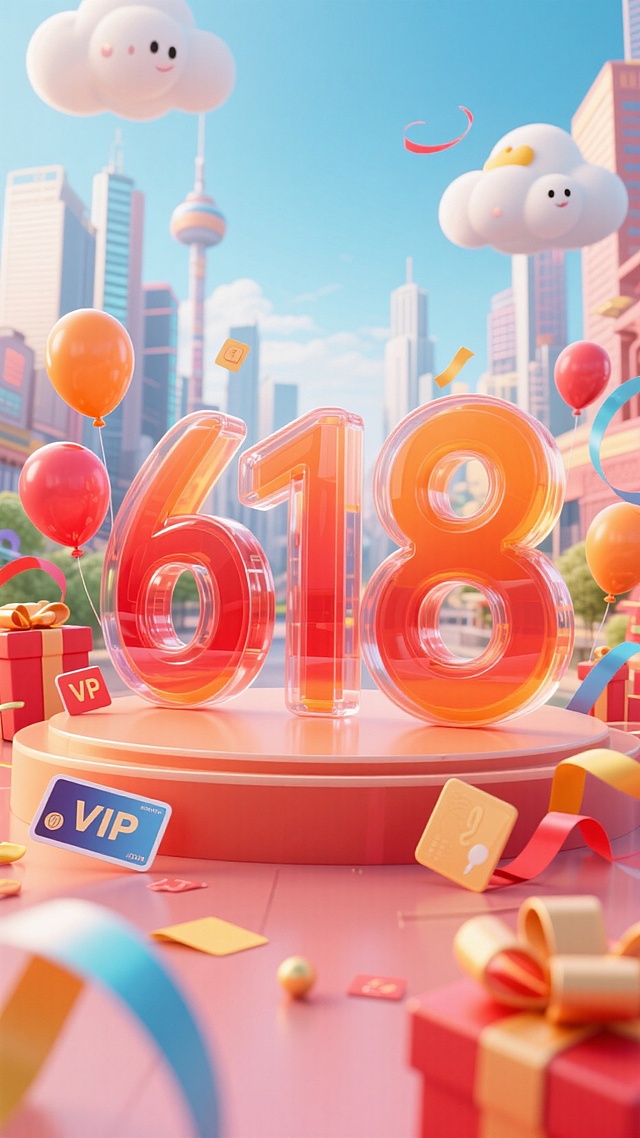 软3D风设计，喜庆促销感十足，卡通云朵与玻璃质感“618”数字，营造欢乐节日氛围。