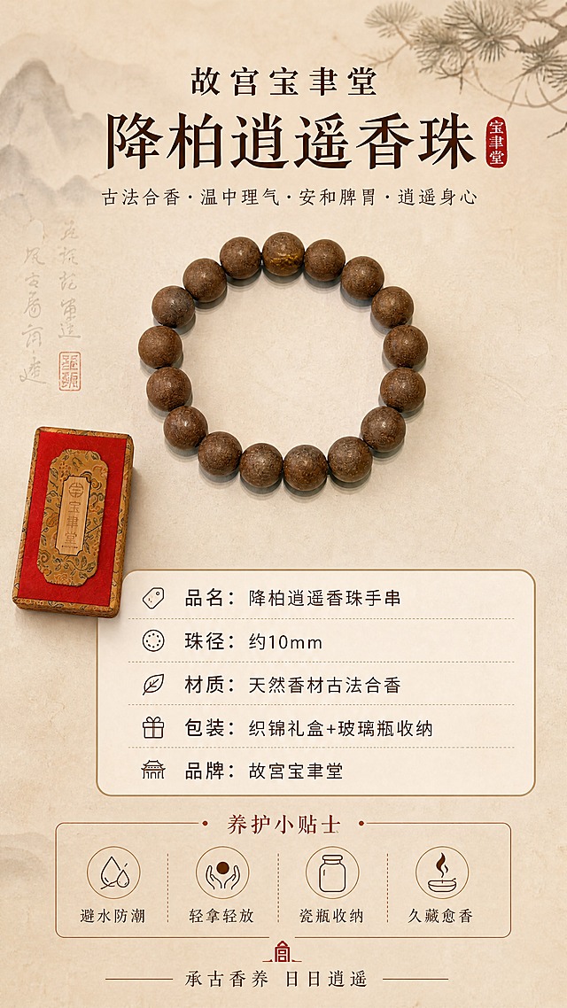 [商品] 使用【图1】降柏逍遥香珠手串、【图2】外锦盒；手串居中展示，锦盒缩小置于角落作为品牌标识；保留珠串原貌与包装细节。
[画面] 页面目标：规格信息与品牌收尾，提供选购参考与养护说明。构图：中间手串平放于米白宣纸中央，上方主标题，下方规格信息卡与养护小贴士；左下角小图展示外锦盒一角带品牌铭牌；主体占画面45%；阅读动线从上到下。景别：中景信息版式。
[视觉] 套系策略：风格=宋式国风禅意商业摄影；标题字=宋体衬线粗体（思源宋体）；正文字=简洁无衬线体（思源黑体）；主色=暖棕木色；背景延展=基于暖棕做深浅层级、米杏色宣纸质感底、同色系渐变；强调色=朱砂红，仅用于小面积印章、引线和标签；标题色=深棕褐；正文色=暖灰棕；组件=米白底圆角信息卡、细棕线引线、朱砂红印章点缀；光影=均匀暖柔光，干净雅致。
[文字] 上方主标题：故宫宝聿堂 降柏逍遥香珠；下方信息卡：品名：降柏逍遥香珠手串、珠径：约10mm、材质：天然香材古法合香、包装：织锦礼盒+玻璃瓶收纳、品牌：故宫宝聿堂；再下方养护小贴士：避水防潮·轻拿轻放·瓷瓶收纳·久藏愈香；底部品牌Slogan：承古香养 日日逍遥；所有文字横排，不遮挡手串主体。
[规格] 图片比例9:16竖版，4K分辨率，负向提示：避免变形、错字、文字过小、冷蓝背景、珠串颜色改变、医疗功效承诺、绝对化用语、治疗类表述。