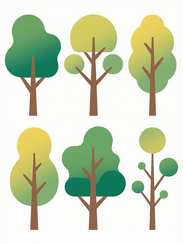 6棵不同样式、不同品种、不同外观的树，排列整齐，白色背景，扁平化设计风格，棕色树干，绿色和黄绿色渐变叶片，简洁线条勾勒，无阴影，无纹理填充，树的形态各异，有的树冠宽大，有的树干纤细，有的树叶茂密，有的树叶稀疏，整体视觉统一，信息传达清晰，符合现代简约设计感