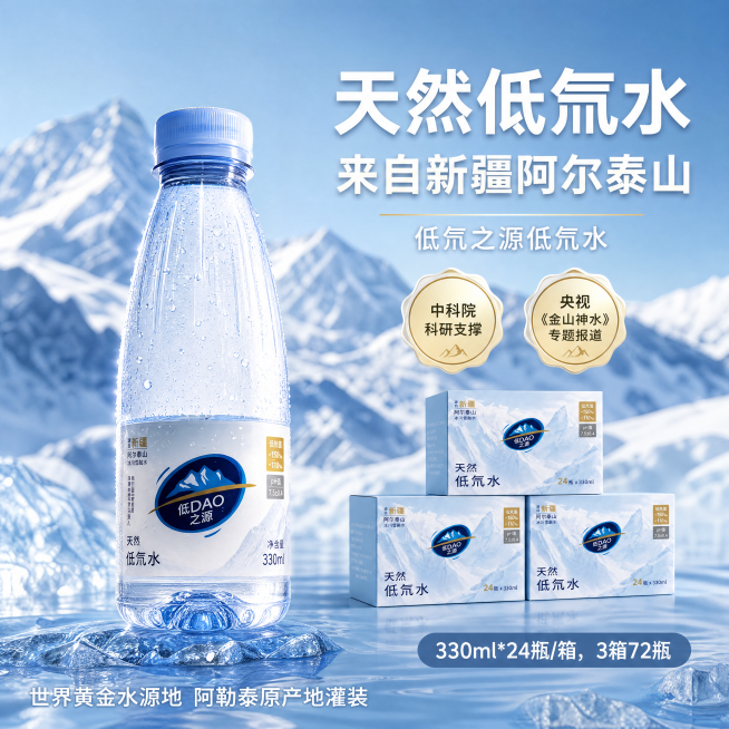 参考图1的排版制作电商海报，比例1:1，4K超高清商业产品摄影，产品海报，整体冰川蓝色调，背景虚化呈现阿尔泰山雪山、冰川景观。左侧是图2中的瓶子作为主体，右上第一行大字标题：天然低氘水，第二行大字标题预览效果