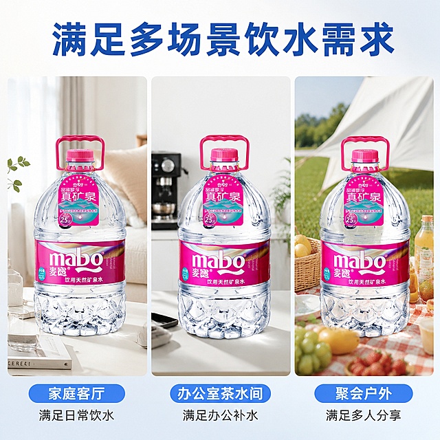 「图片1」，生成一套主图（5张），商品名称是麦宝天然矿泉水12.3L，适配淘宝/天猫平台，主图比例为1:1