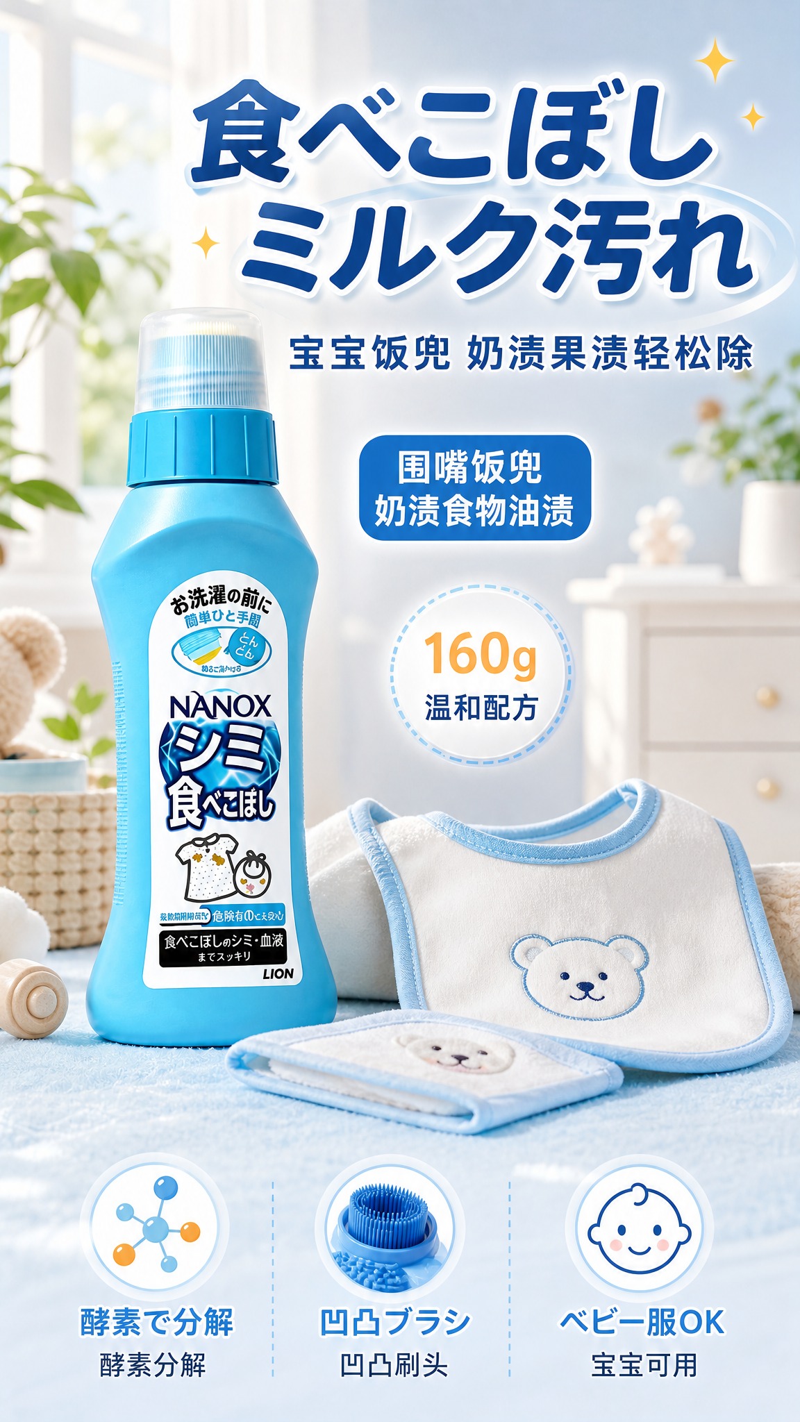[商品] 使用【图3】浅蓝色狮王NANOX宝宝饭兜去污清洗剂；… - 图片创意预览
