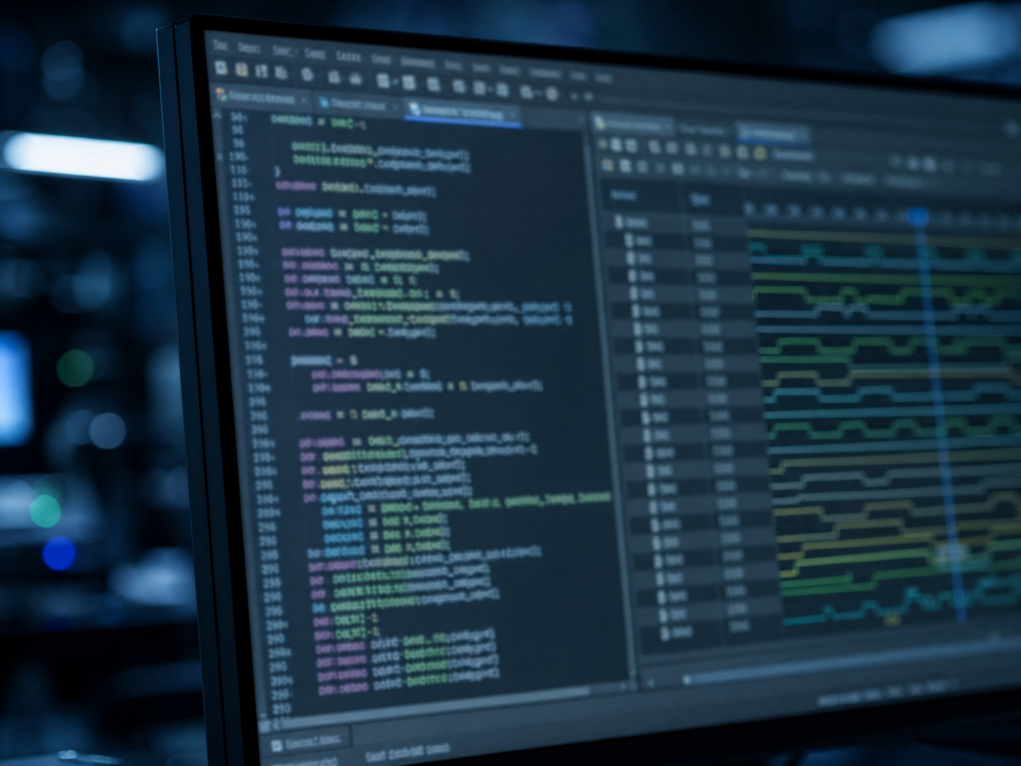 特写，电脑显示器屏幕，屏幕上是 Verilog 代码与时序波形… - 图片创意预览