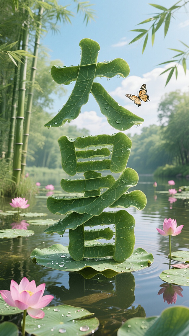 画面视觉中心为荷叶组成的“大暑”大字，宁静的池塘，幽静的竹林，荷叶，荷花，竹叶，蝴蝶，蓝天白云