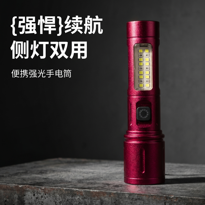 [主图 1] 酒红色多功能强光手电筒工业暗黑风首图
[氛围风格] 硬核工业暗黑风，硬朗高级机械感
[画质] 商业摄影质感，产品清晰真实，画面干净高级，金属质感突出
[元素] 保持原手电筒外观（物理结构预览效果