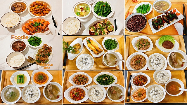 将上传的9张美食照片拼接成一张拼图，整齐排列所有图片，保留每张美食照片的完整内容，整体风格统一和谐，分辨率为2K