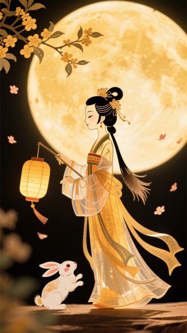 画面中心为手持灯笼的古装少女与玉兔，背景是巨大满月，四周点缀桂花枝与飘落花瓣，整体营造梦幻、温馨、喜庆氛围，视觉焦点在前景人物与玉兔，中景为发光满月，背景为深邃星空。预览效果