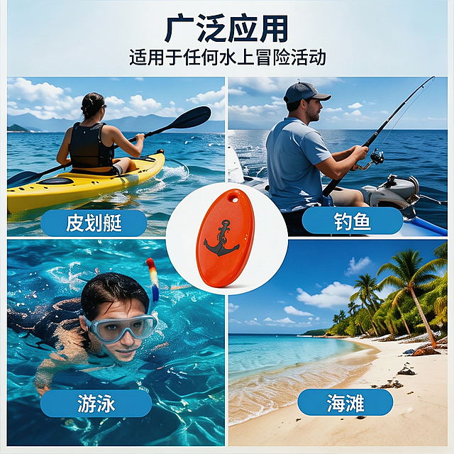 将图中所有英文文字替换为对应的中文，保持原有的字体风格、字号大小、文字颜色、排版位置和布局完全不变。具体翻译：大标题"WIDE APPLICATION"改为"广泛应用"，副标题"Perfect for Any Water Adventure"改为"适用于任何水上冒险活动"。四个场景标签"Kayaking"改为"皮划艇"、"Fishing"改为"钓鱼"、"Swimming"改为"游泳"、"Beach"改为"海滩"。产品和背景保持原样不变。