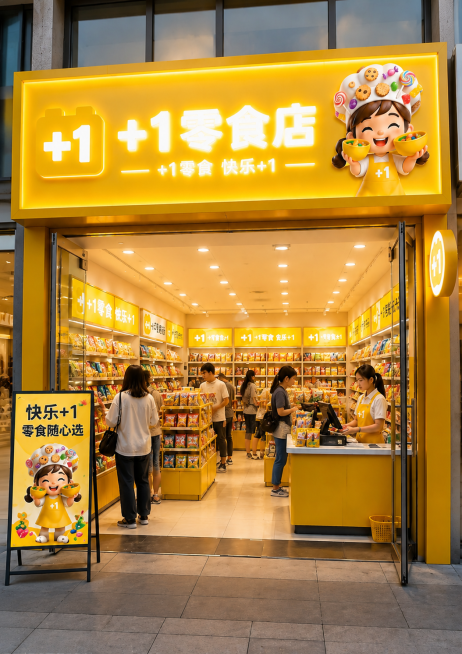 高清真实风格+1零食店门头照，黄色灯箱背景，门头文字'+1零食店'及'— +1零食 快乐+1 —'全部改为白色字体（带轻微发光效果），右侧使用用户提供的IP小女孩卡通形象，店内顾客3-4人、收银员1人预览效果
