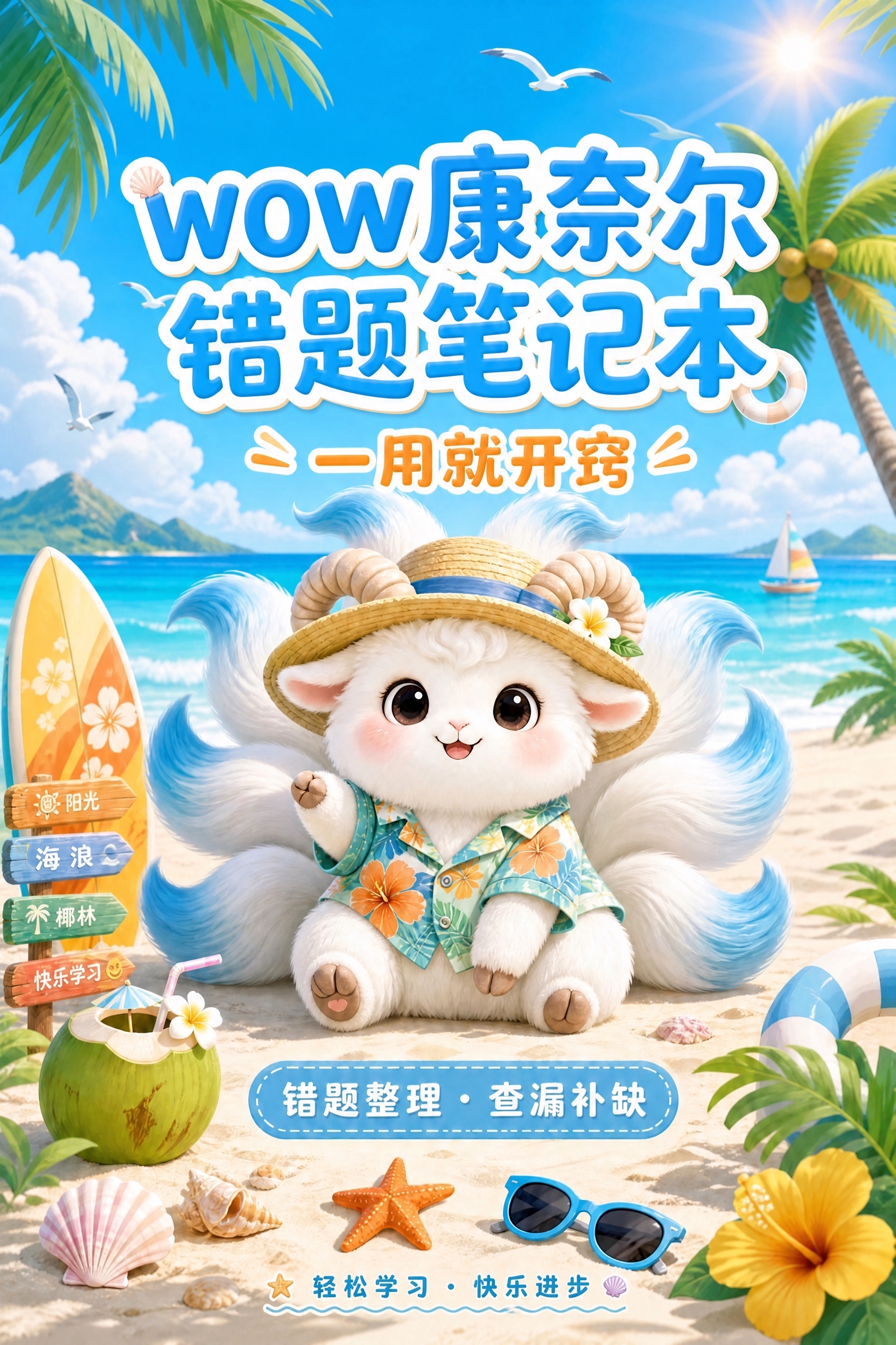 保持原图的海岛沙滩背景、戴草帽穿花衬衫的九尾小羊形象、冲浪板、… - 图片创意预览