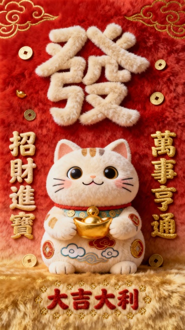 毛绒质感背景，主色调采用喜庆的红色与金色渐变，中央是一只圆润可爱的卡通招财猫形象，它睁着圆溜溜的大眼睛，嘴角上扬，前爪抱着一个金元宝，身上装饰有祥云和铜钱图案，整体造型憨态可掬，充满吉祥寓意。画面上方预览效果