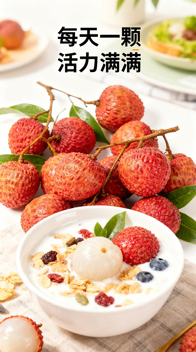 基于原图的新鲜荔枝，生成电商详情图，添加文案"每天一颗 活力满满"，展示荔枝搭配酸奶碗做早餐，健康低脂生活场景