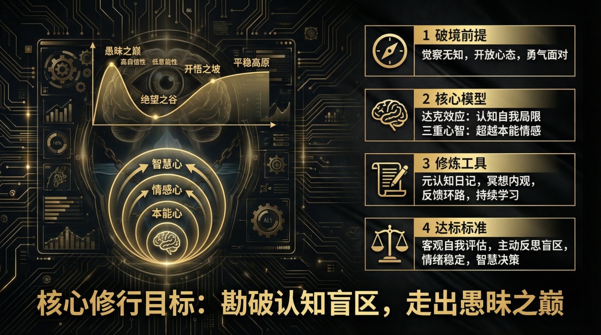 参考图1的黑金科技风格，生成16:9尺寸的剑心通明境·愚妄勘破阶详情图，画面左侧呈现达克效应曲线与三重心智模型的可视化图形，右侧分模块排版破境前提、核心模型、修炼工具、达标标准等文字内容，突出勘破认知预览效果